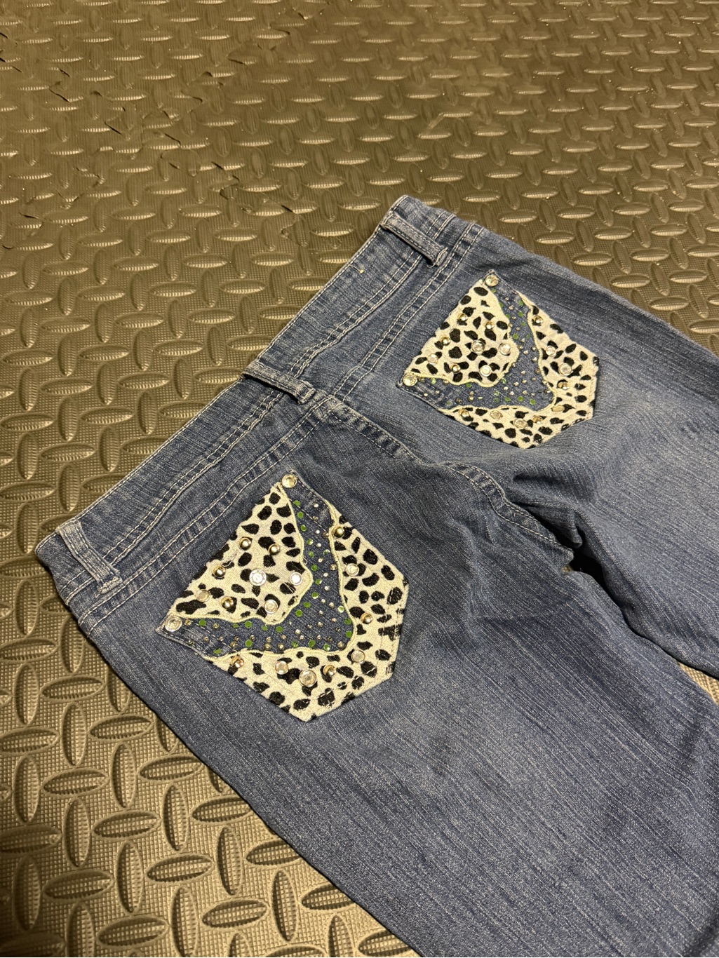 Women’s Soft Touch Denim Jeans Snow Leopard Print Bling Embellished Y2k